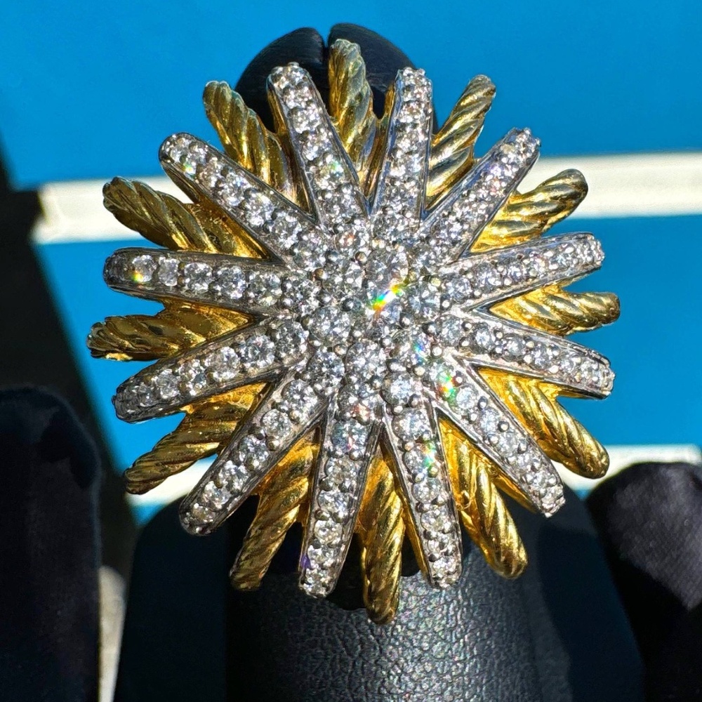 David Yurman 18K yellow gold 1.56CTW Natural Pave Diamond Starburst cocktail Rin